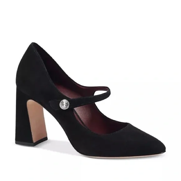 Kate Spade Women's Black Suede with Rhinestone Button Maren Ankle-Strap Pumps - Picture 2 of 11